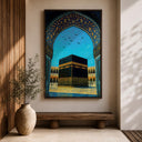 Neutral palette border of arabesque lines around Kaaba arch