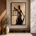 Gold-toned illustration of Lady Justice on decorative wall art
