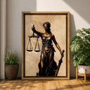 Mythology-inspired justice artwork with balanced scales