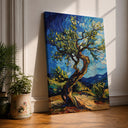 Framed olive tree landscape wall art with cypress in impasto texture