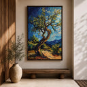 Texture detail on olive tree landscape art with earthy tones