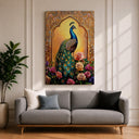 Vibrant peacock among lush flowers in royal decor style