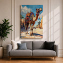 Close-up of camel silhouette on vintage Arabian street market scene