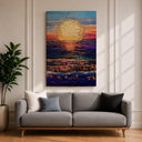 Coastal horizon wall art in warm gold tones for living room