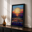 Framed ocean landscape canvas with amber sunset hues