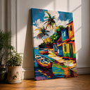 Caribbean village framed canvas wall art with tropical coastal landscape