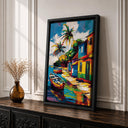Framed canvas wall art showing palm trees and turquoise sea