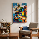 Vibrant Caribbean village scene on wall art for coastal interiors