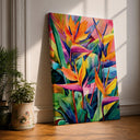 Bird of Paradise framed canvas wall art with vibrant Strelitzia blooms