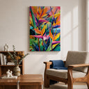 Living room setup featuring Bird of Paradise wall art