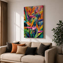 Neutral-toned wall with bright tropical plant art
