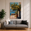 Bright lemons and green leaves in a seaside landscape on canvas