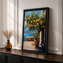 Framed canvas artwork featuring a lemon tree in a sunny Italian coast scene