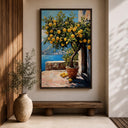 Close-up of lemon fruit and foliage in a coastal wall art print