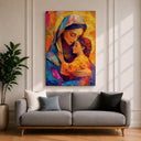 Close-up of Mary and Child mosaic on framed canvas