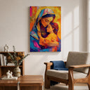 Framed Mary and Child artwork on wall