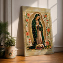 Framed Our Lady of Guadalupe canvas with rose border, front view
