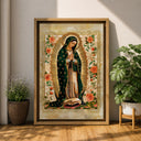 Living room setup with Guadalupe wall art in frame