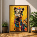 Living room wall art featuring camel portrait