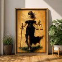 Dramatic lighting on Themis goddess motif in home decor