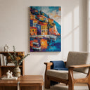 Italian village seascape canvas art showing blue water and terracotta rooftops