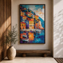Vibrant harbor town art on canvas for living room decor