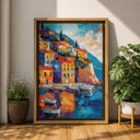 Seaside landscape canvas print featuring boats and harbor