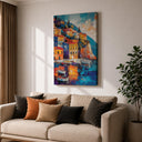Close-up of framed Italian coastal village mural on canvas
