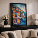 Colorful harbor village art on sturdy framed canvas