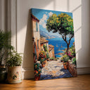 Framed canvas coastal village artwork showing the Amalfi Coast