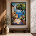 Boats at harbor with Mediterranean architecture on wall art