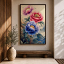 Elegant framed floral canvas with botanical watercolor details