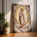 Virgin Mary wall art framed canvas with floral halo, front view
