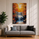 Rustic landscape with fall leaves on a framed canvas