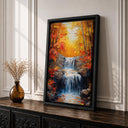 Forest scene with waterfall in autumn hues on canvas