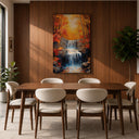 Sunlight through trees over a waterfall in rustic wall art