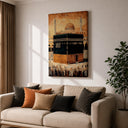 Bedside study wall featuring Mecca pilgrimage art